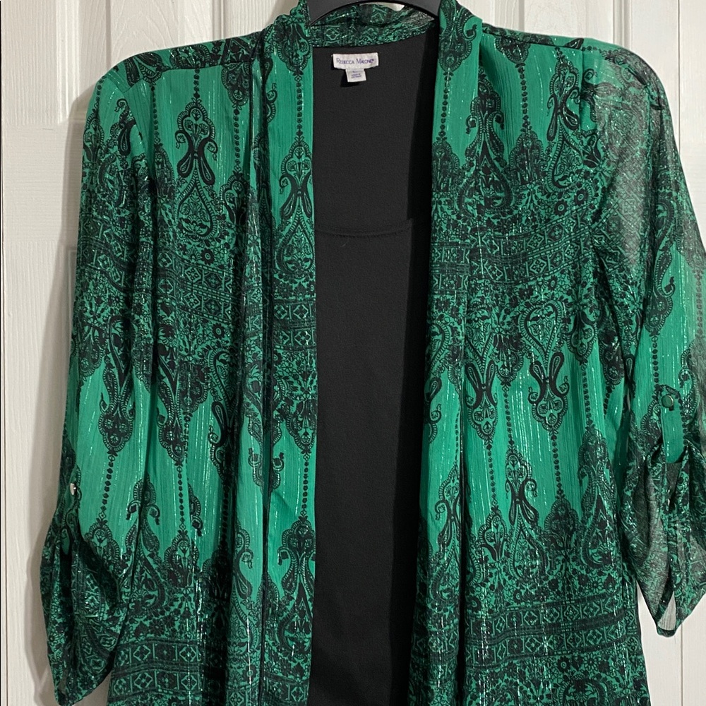 Rebecca Malone green & black festive blouse size LARGE - Picture 2 of 13